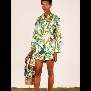FARM Rio Tropical Palm Print Button Romper in Green & Cream